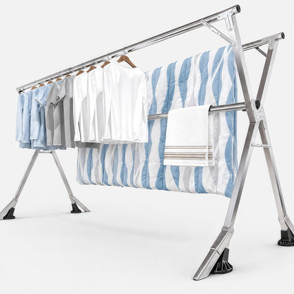 95 Inch Windproof Clothes Drying Rack, Heavy Duty Stainless Steel Folding Laundry Drying Rack for Indoor Outdoor Use, Collapsible Clothes Rack with 20 Hooks & 12 Clips