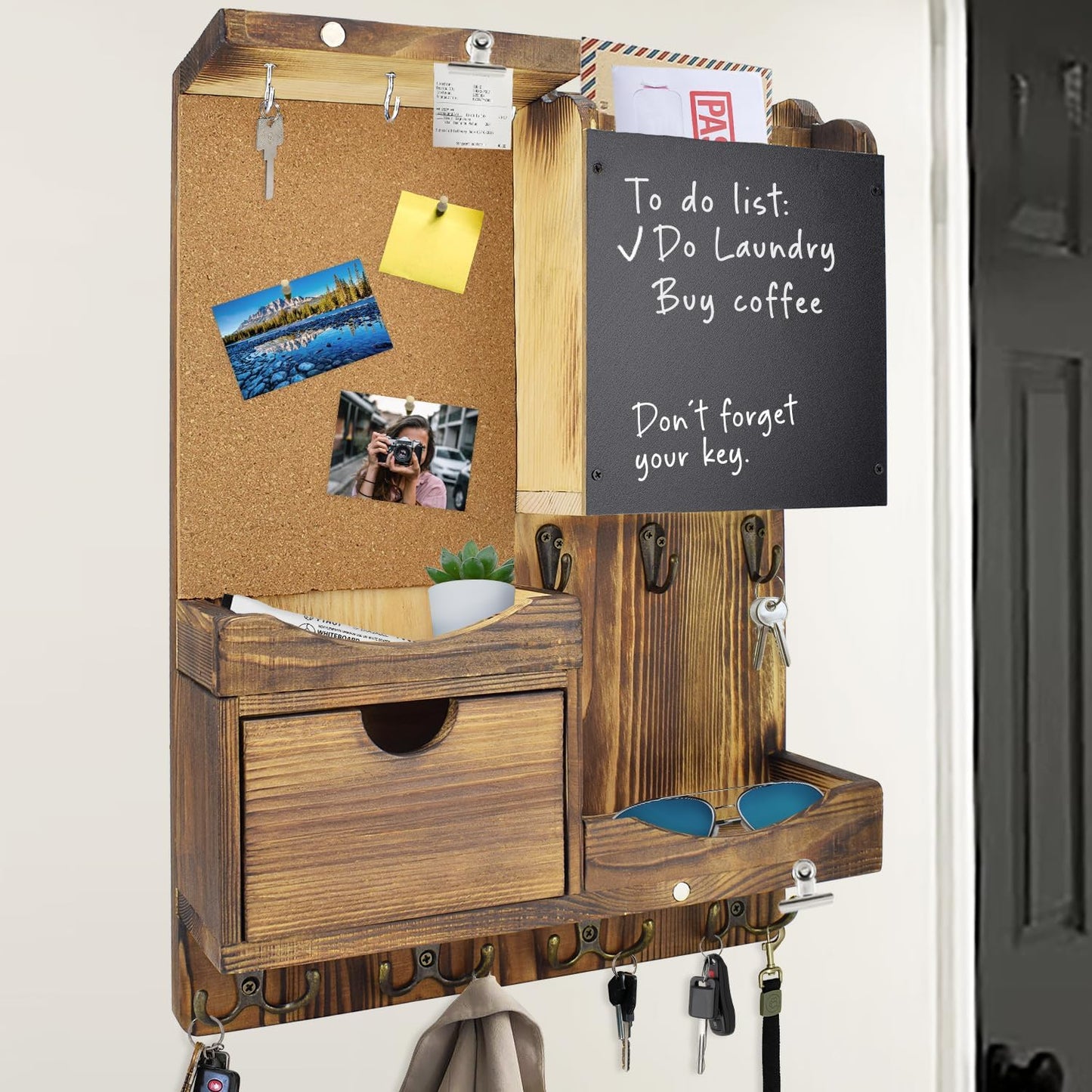 Key Holder for Wall Mount with Shelf and Mail Organizer, Key and Mail Holder with 16 Hooks, Farmhouse Entryway Organizer, Home Decor Rack (Pine Wood, Black)