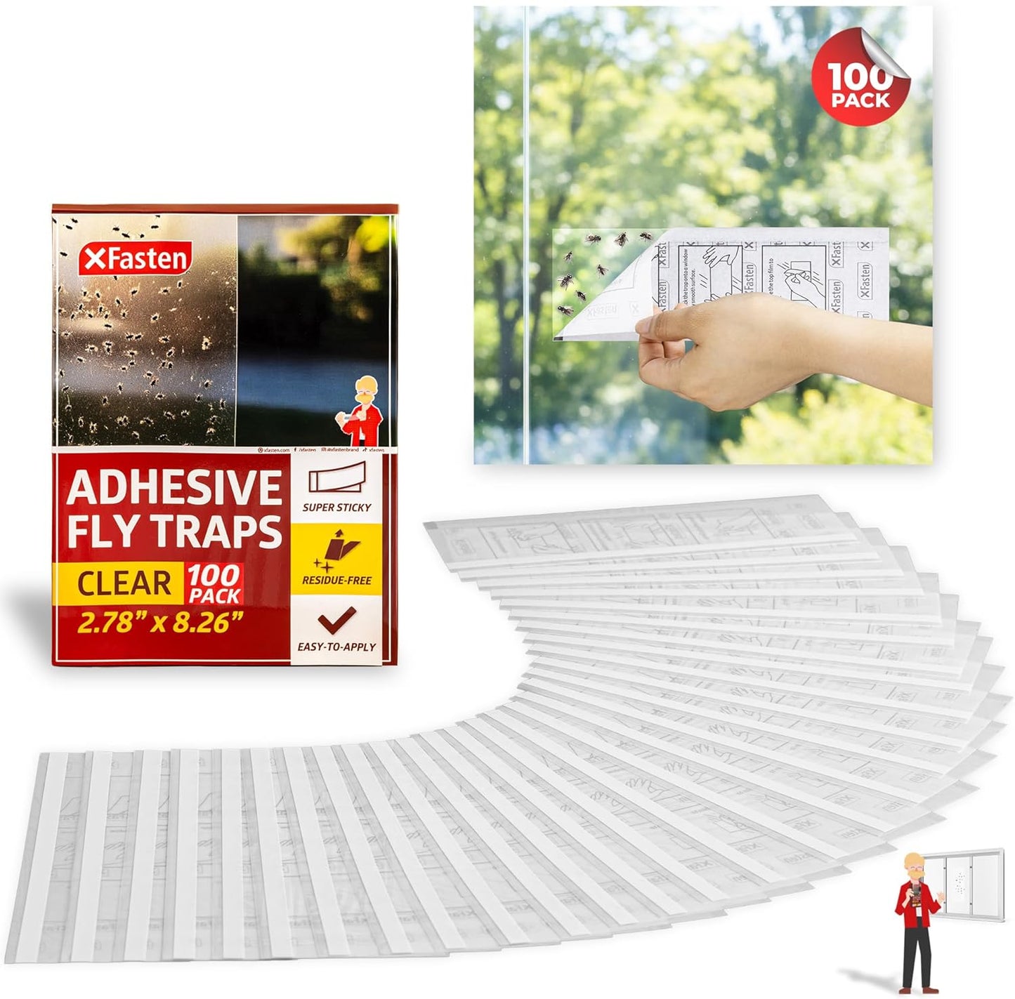 XFasten Window Fly Traps Sticky Clear 100-Pack Fruit Fly Traps for Indoors Sticky, Residue-Free, Odorless, Discreet Adhesive Indoor Catcher for Fruit Flies Houseflies, Gnats on Windows Kitchen Garage