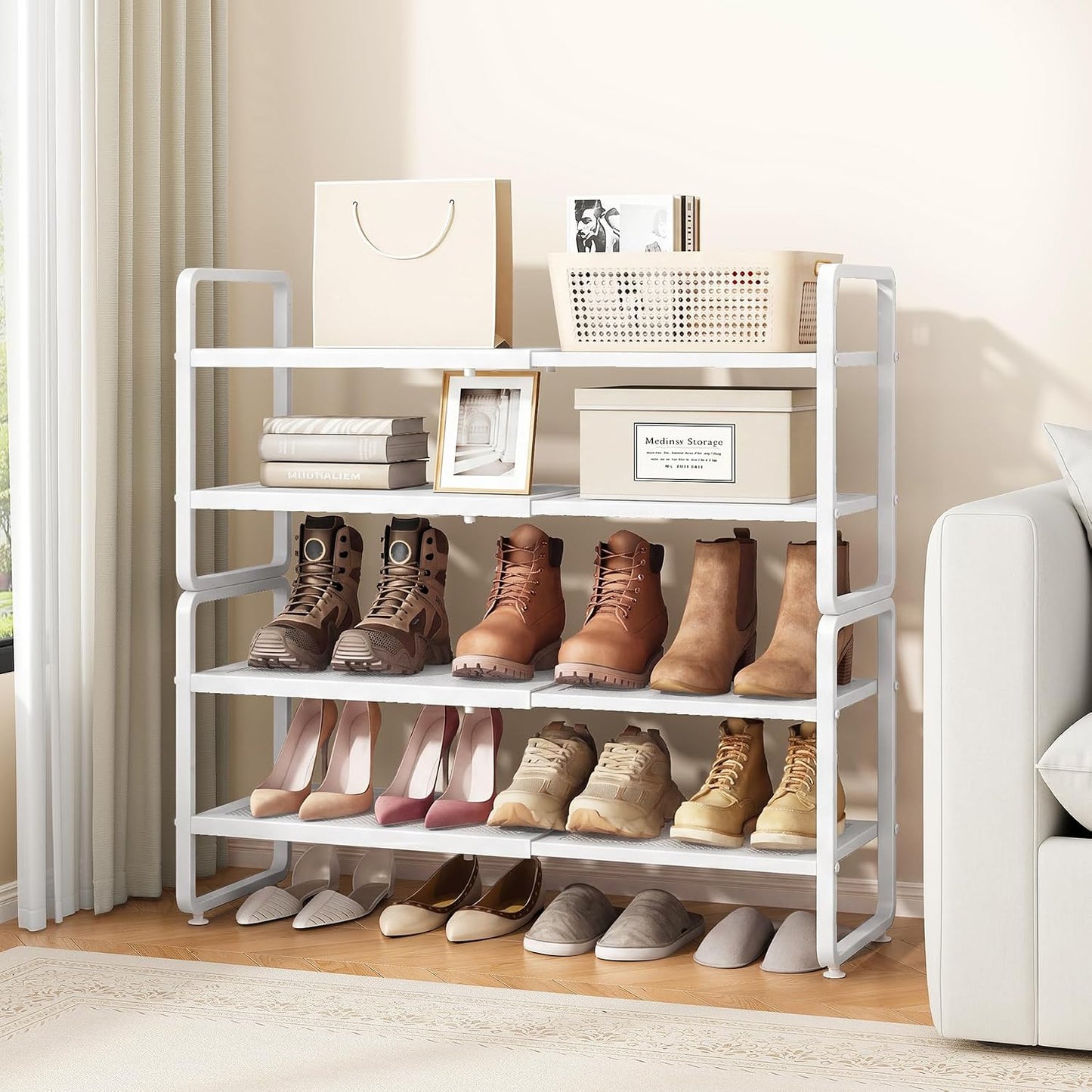 SAYZH Expandable Shoe Rack for Closet, Adjustable Metal Shoe Organizer with Sturdy Mesh Shelves for Boots & Heels, Stackable Shoe Storage for Entryway, Garage, Small Spaces (Black, 2-Tier)