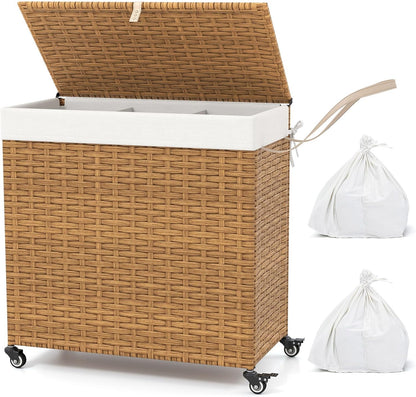 GOFLAME Laundry Hamper with Lid and Wheels, 125L Hand Woven Rattan Laundry Basket with 3 Divided Sections, Handles, 2 Removable and Washable Liner Bags, Dirty Clothes Hamper for Bedroom (Natural)