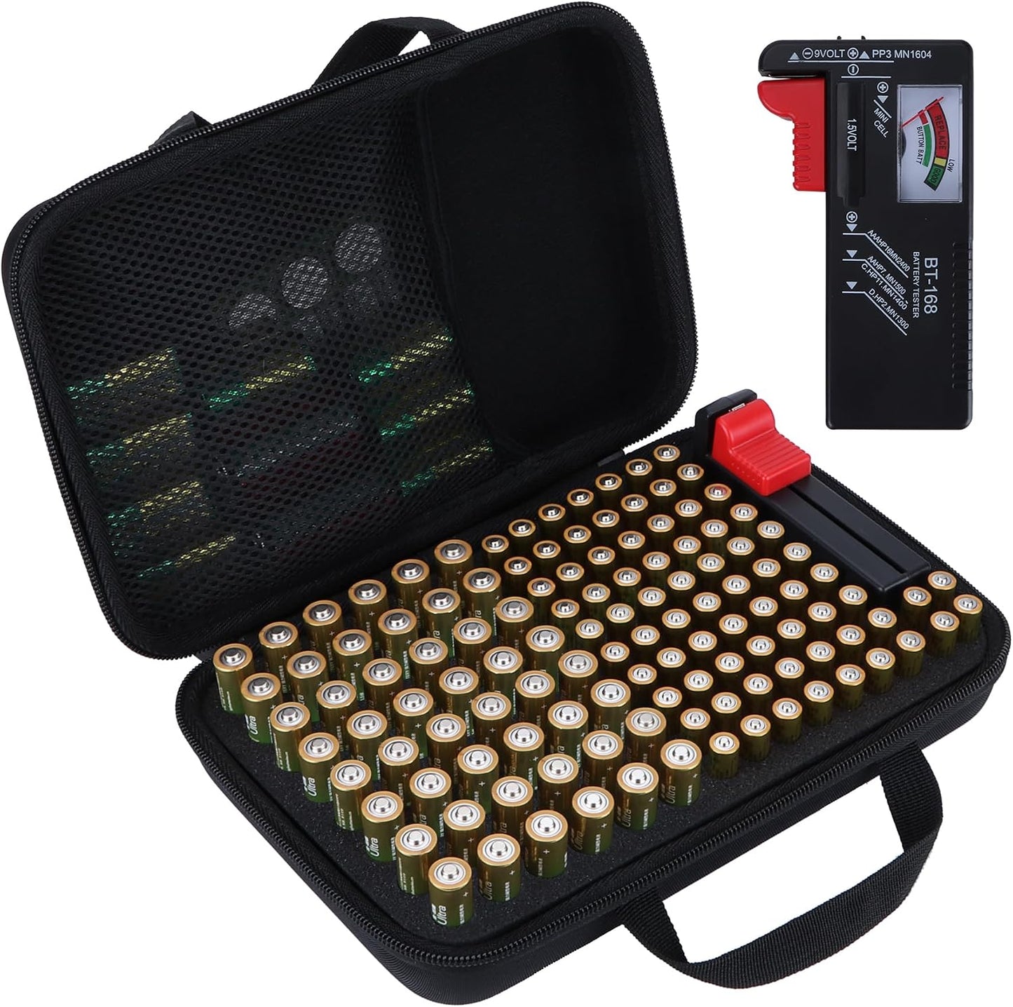 Battery Organizer Storage Case with Tester, Stores & Protects 120*AAA, 93*AA, 12*C, 16 * 9V, 8*D, 10*Coin Cell, Exceed 259 Batteries (Batteries are Not Included)