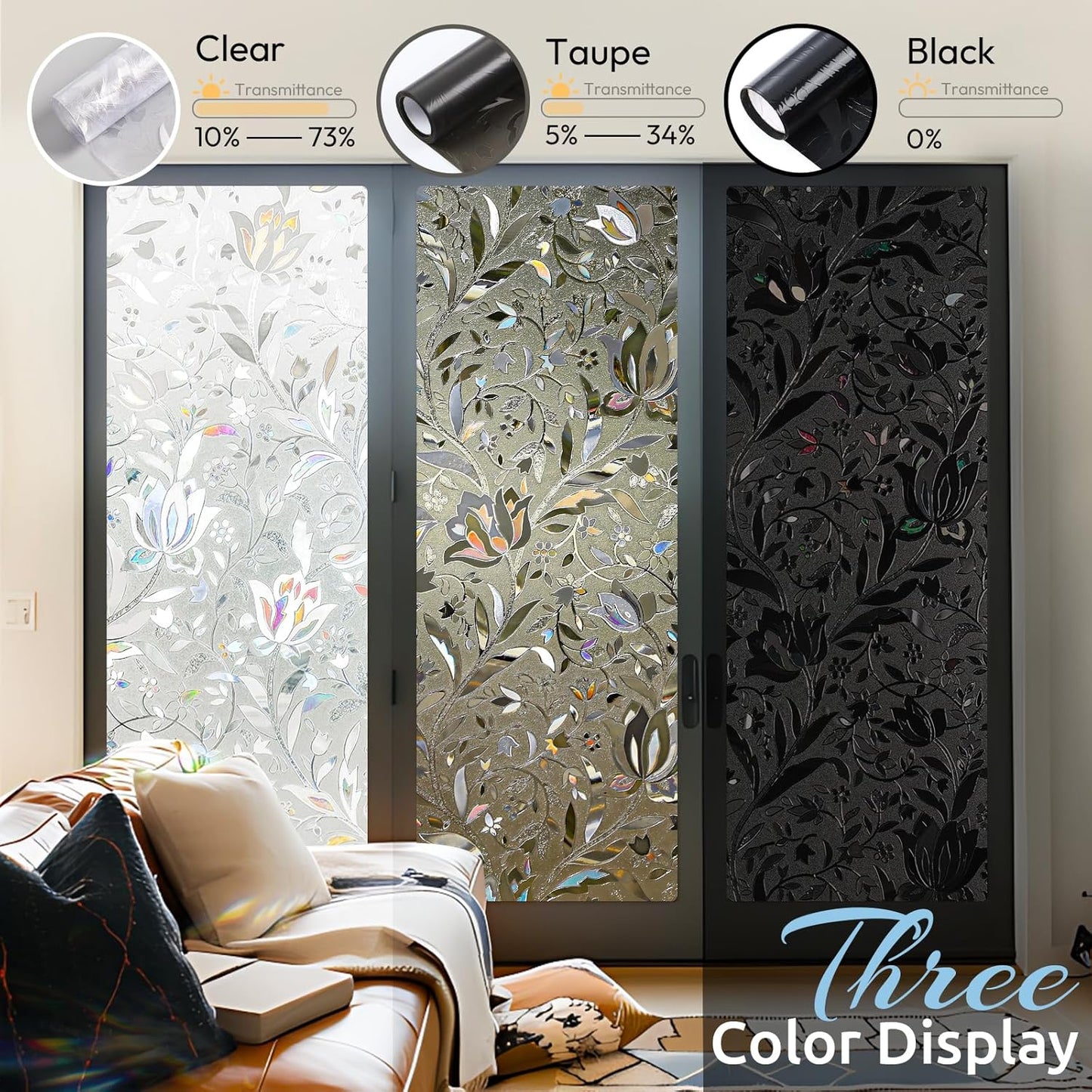 rabbitgoo Window Privacy Film, Decorative Stained Glass Window Film, Sun Blocking Glass Clings, Renter-Friendly Static Cling Frosted Sticker Covering for Home Door, Rainbow Tulip 17.5" X 78.7"