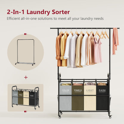 Tajsoon Laundry Hamper with Hanging Rack, 3 Section Laundry Sorter with Heavy Duty Lockable Wheels, Laundry Basket Organizer for Dirty Clothes Storage, 3 Beige
