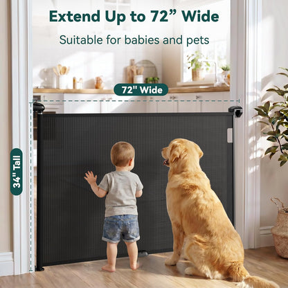 Babepai Retractable Baby Gates for Stairs, Retractable Dog Gate for Indoor/Outdoor Use | Child Gates for Doorways, Deck, Porch, Hallways, Patio (White, 55" Wide 34" Height)