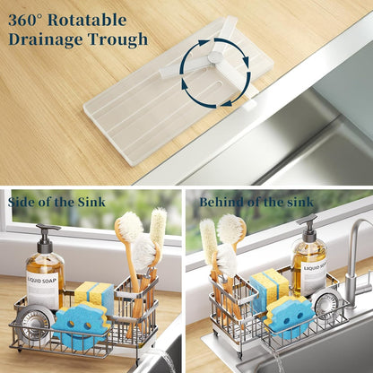 Consumest Sponge Holder for Kitchen Sink - Auto Draining Sink Caddy Organizer with Detachable Rack, High Brush Holder, Kitchen Countertop Storage Accessories, Black