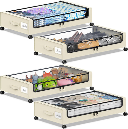 YAASHEEN Under Bed Storage with Wheels, 2-Pack Under the Bed Storage Containers with Clear Lids & Label, Underbed Storage Bins, XXL 60L Rolling Metal Drawer for Clothes, Shoes, Toys, Books - Gray