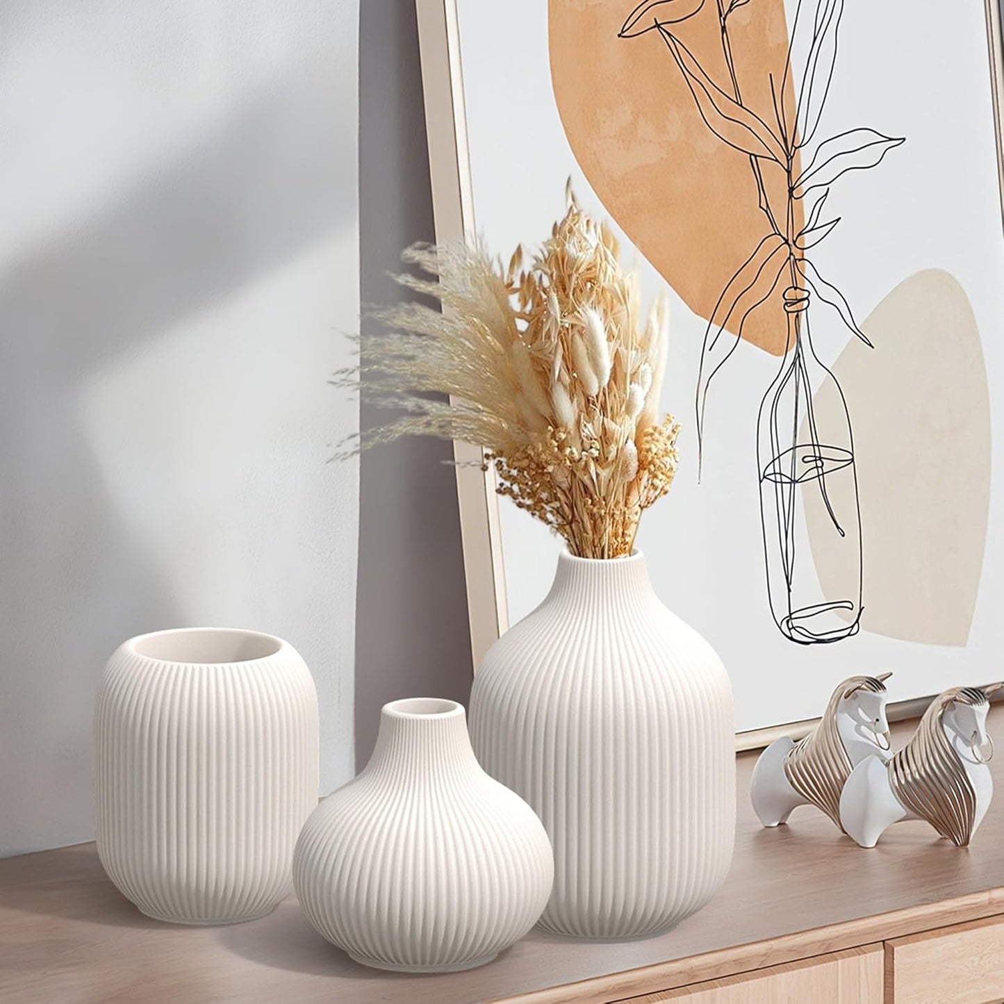 White Ceramic Flower Vases Set of 3, Modern Matte Vertical Ribbed, Nordic Minimalist Decor for Pampas, Dried & Fresh Flowers, Centerpiece for Living Room, Shelf, Entryway, Wedding,Office
