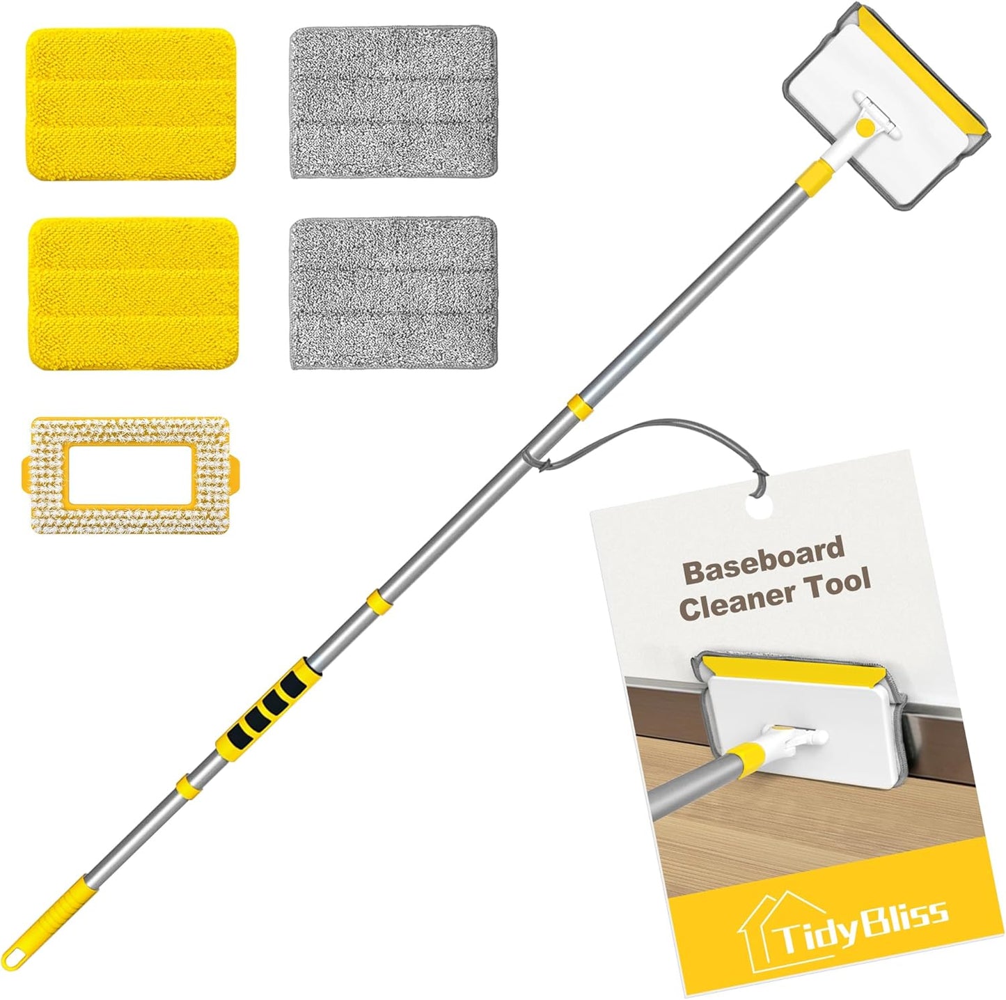TidyBliss Baseboard Cleaner Tool with Handle, 55.9” Long Wall and Base Board Cleaning Mop, 4 Reusable Pads, 1 Stiff Bristle Scrubber Brush for Floorboard Ceiling Cabinet Window Bathroom (Yellow)