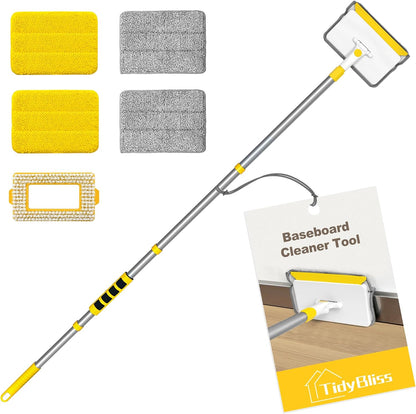 TidyBliss Baseboard Cleaner Tool with Handle, 55.9” Long Wall and Base Board Cleaning Mop, 4 Reusable Pads, 1 Stiff Bristle Scrubber Brush for Floorboard Ceiling Cabinet Window Bathroom (Yellow)