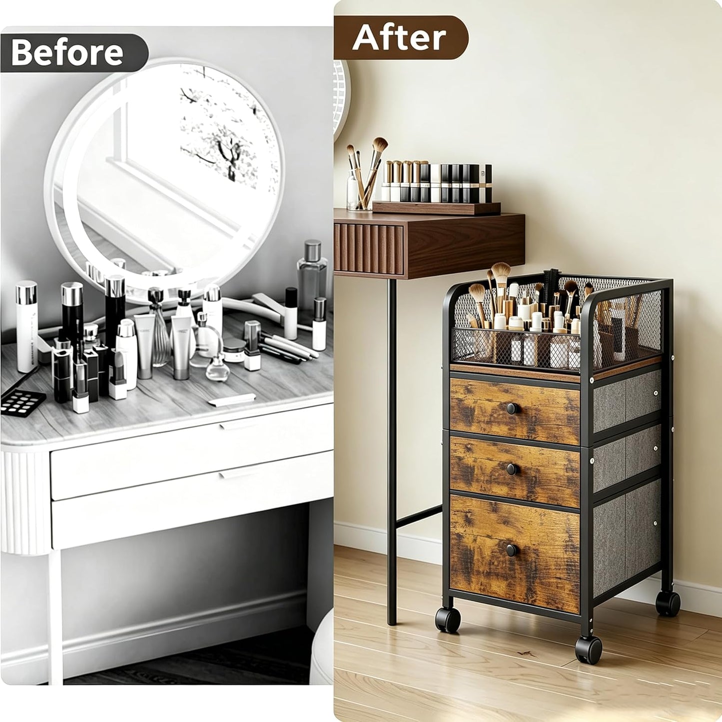 Rolling Makeup Organizer Cart with 3 Drawers, Under Desk Vanity Makeup Storage Cart, Bathroom Storage Cart Cosmetic Display Cases Cabinet for Nail Polish, Brushes & Hair Tools, Gold