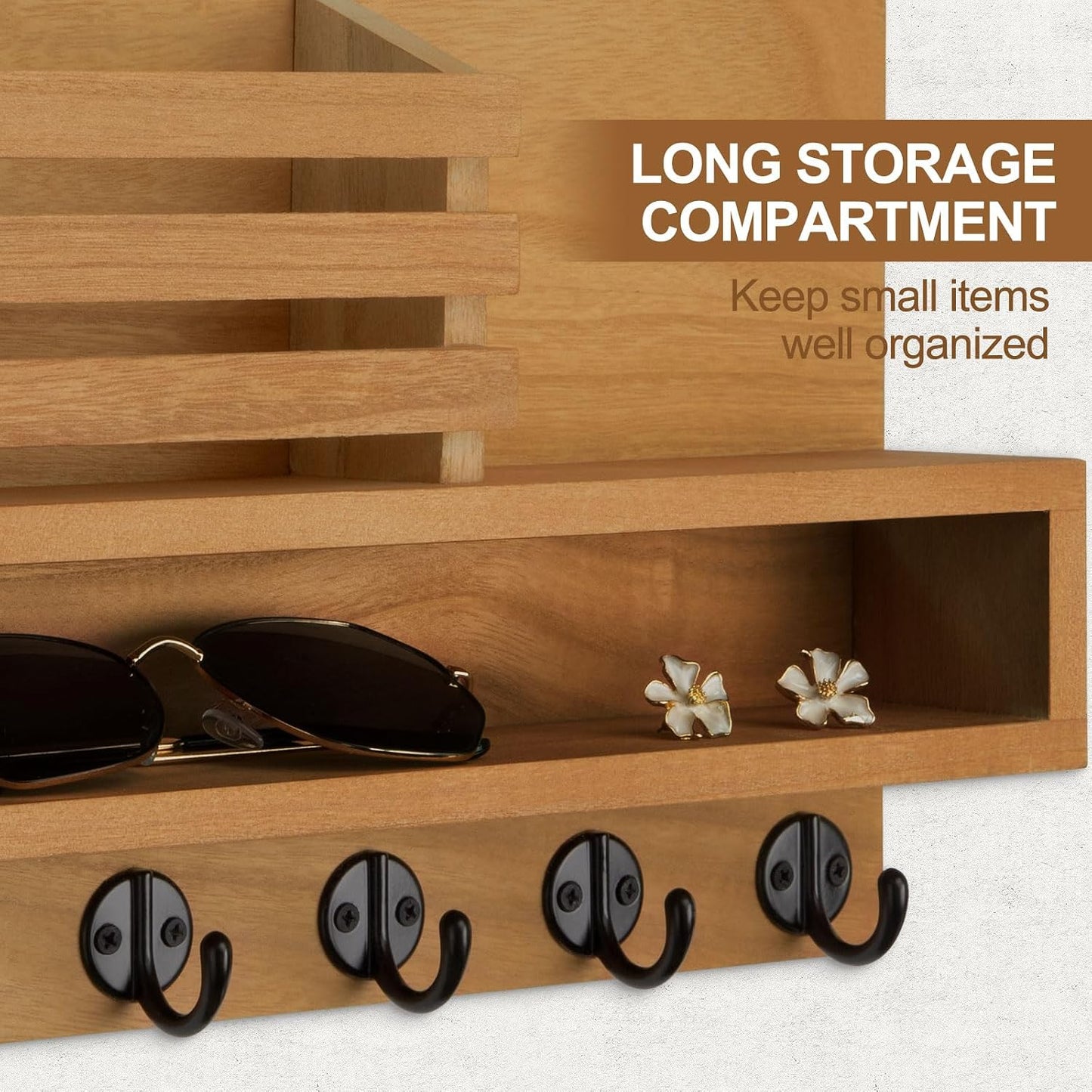 Key and Mail Holder Wall Mount, Key Hanger with Long Storage Box and 5 Hooks for Coat, Dog Leash, Home Decor Rack, House Accessories, Entry Way Organizer 11.8”W x 7.8”H x 3.2”D