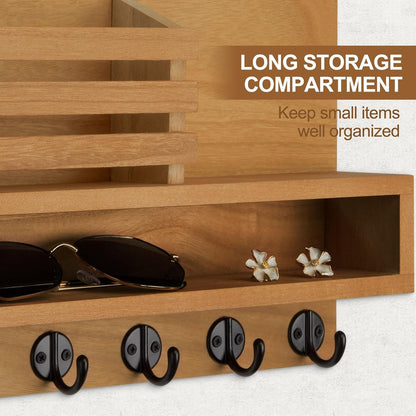 Key and Mail Holder Wall Mount, Key Hanger with Long Storage Box and 5 Hooks for Coat, Dog Leash, Home Decor Rack, House Accessories, Entry Way Organizer 11.8”W x 7.8”H x 3.2”D