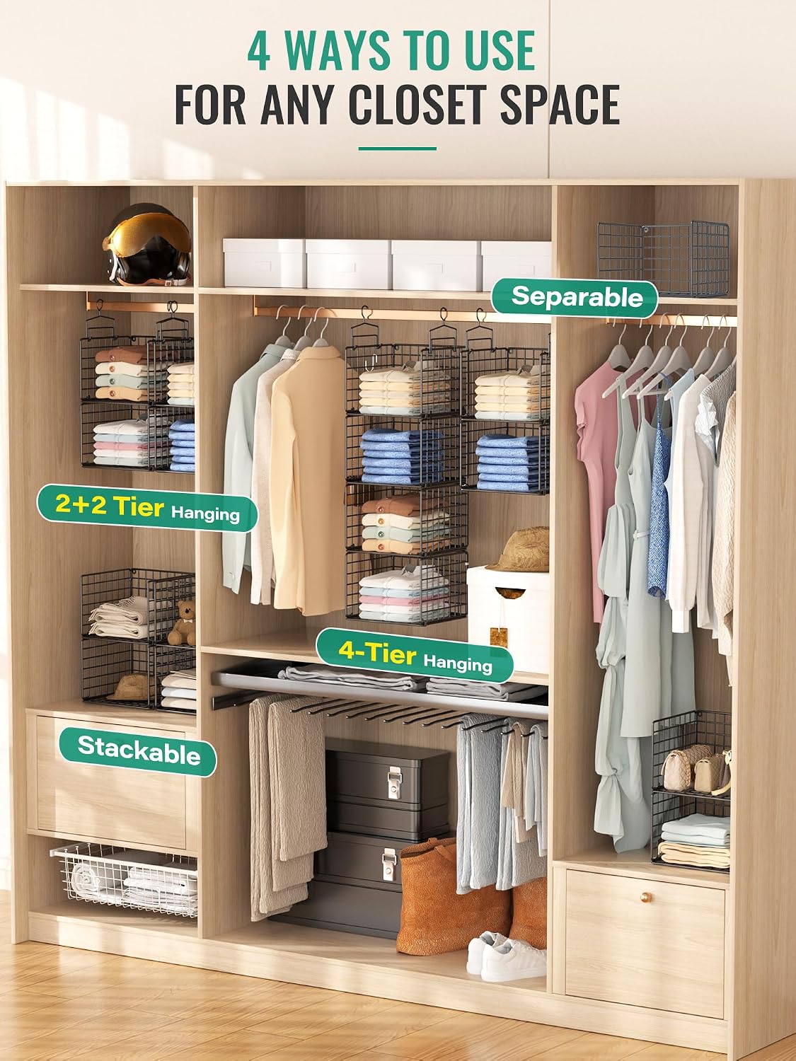 Hanging Closet Organizer, 4 Tier Metal Closet Organizers and Storage with 4 Hanging Hooks 4 S-Hooks for Wardrobe Laundry Room, Wire Storage Shelf for Clothes Sweaters Pants (White)