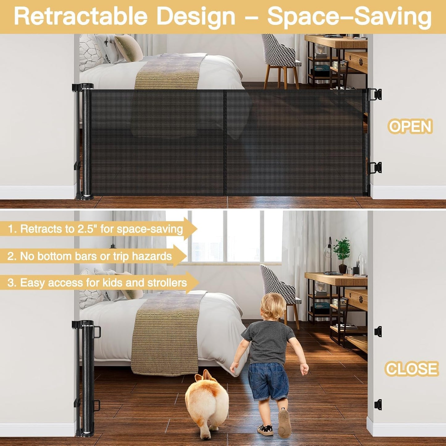 Reinforced 28-Inch Tall Retractable Baby Gates for Doorways, Walk Through Pet Gate for Stairs, Short Baby Gate with Support Rods, 55 Inch Wide Mesh Gate Retractable Gate Small Dog Gate, Gray