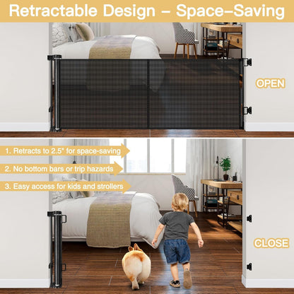 Reinforced 28-Inch Tall Retractable Baby Gates for Doorways, Walk Through Pet Gate for Stairs, Short Baby Gate with Support Rods, 55 Inch Wide Mesh Gate Retractable Gate Small Dog Gate, Gray