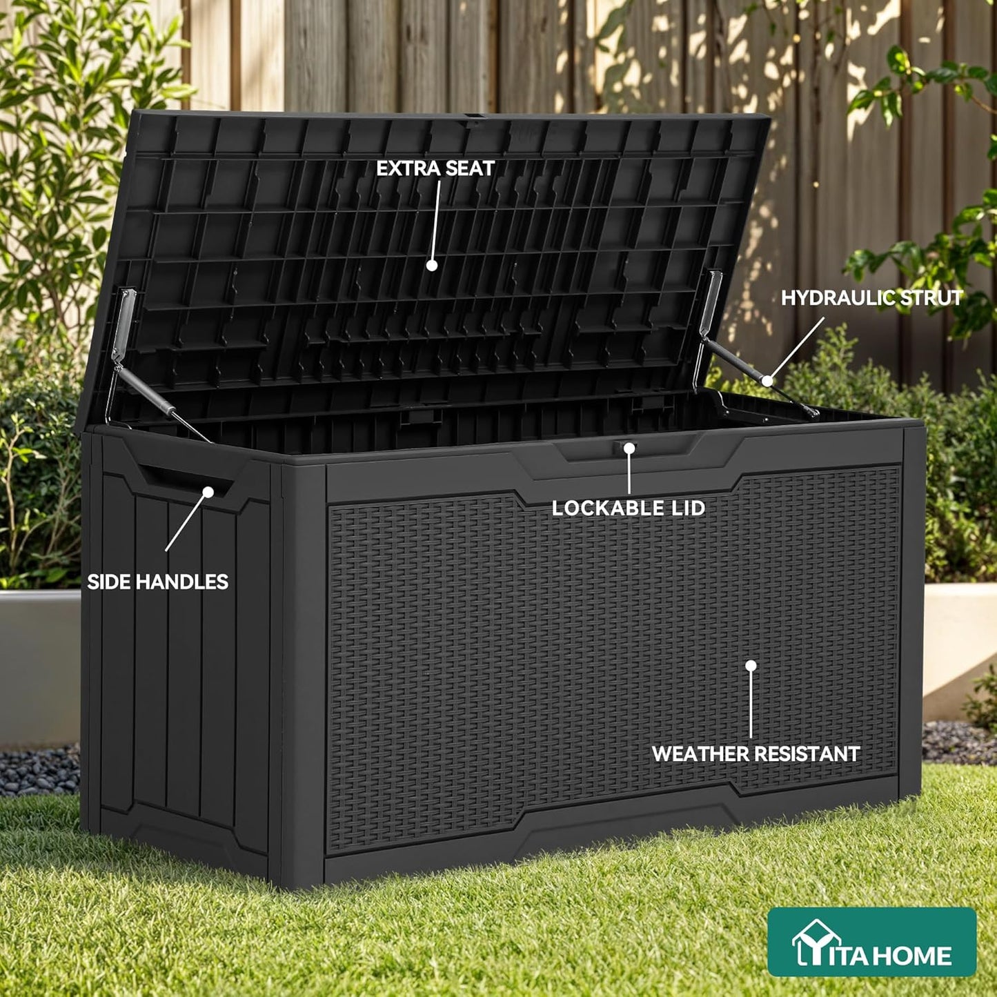 YITAHOME 100 Gallon Large Outdoor Deck Box | Waterproof Resin Storage Box, Lockable Indoor Outdoor Storage Container for Patio Furniture Cushions, Pool Accessories