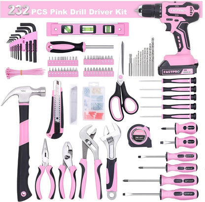 FASTPRO 232-Piece Home Tool Set with Drill, 20V Cordless Drill Driver, Household Repairing Tool Kit with Drill, 12-Inch Wide Mouth Storage Tool Bag Included, Red