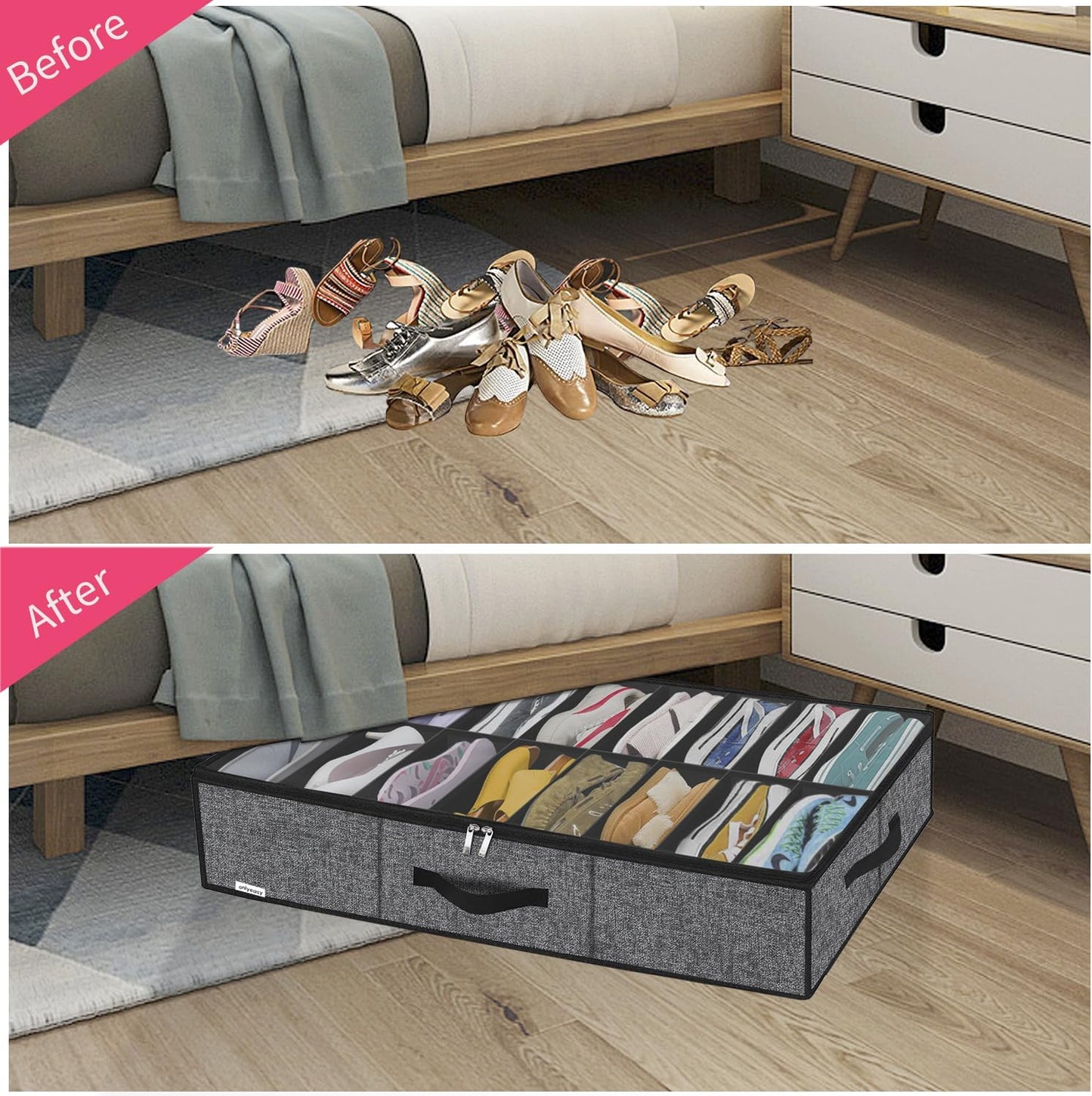 Onlyeasy Sturdy Under Bed Shoe Storage Organizer, Set of 2, Fit 12 to 24 Pairs, Underbed Shoes Closet Storage Solution with Clear Window, Breathable, L29.3 x W23.6 x H5.9, Linen-like Black, MXAUBSB2P