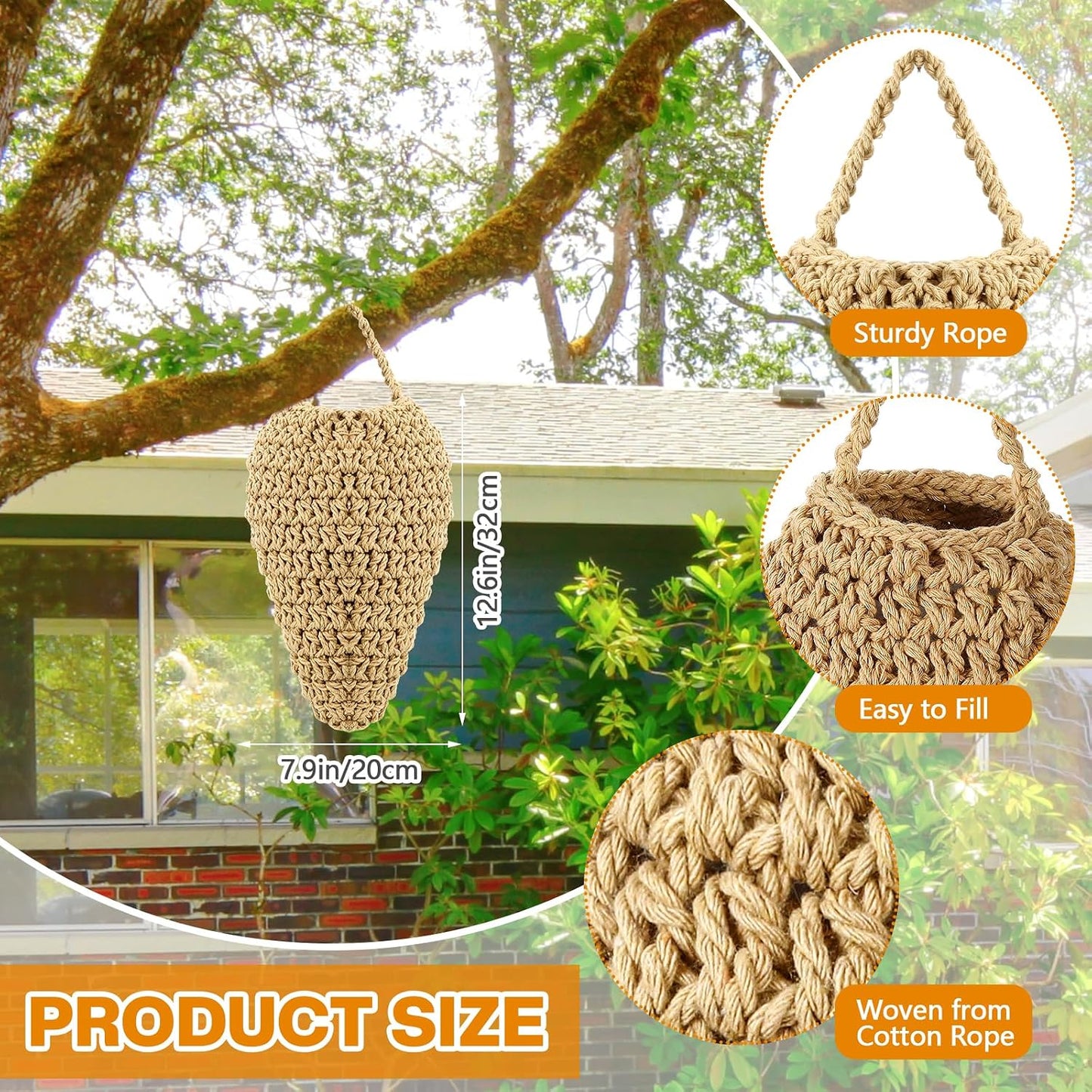 Qualirey 4 Pcs Large Crochet Fake Wasp Nest 7.9×12.6" Hanging Fake Wasp Nest Deterrent Outdoor Crochet Hornet Decoys for Patio Garden Yard Eaves Uses