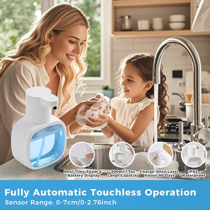 Automatic Foaming Soap Dispenser, 17oz/500ml Touchless Rechargeable with 4-Level Adjustable & IPX5 Waterproof - Level Display for Wall/Tabletop Use in Bathroom, Kitchen, Black