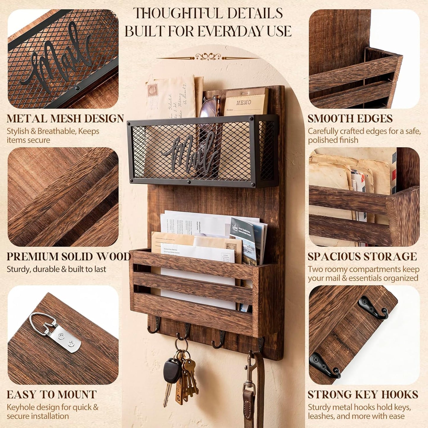 Yalikop Farmhouse Mail Organizer Wall Mounted Rustic Mail Holder Hanging Key Sorter with 3 Hooks Indoor Wooden Wall Mounted, Letter, Magazines, Newspapers, Keys(Classics,Brown)