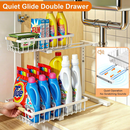 REALINN Under Sink Organizer, 2 Pack Height Adjustable Under Sink Organizers and Storage, 2 Tier Pull Out Drawer Cabinet Storage for Kitchen Bathroom, White