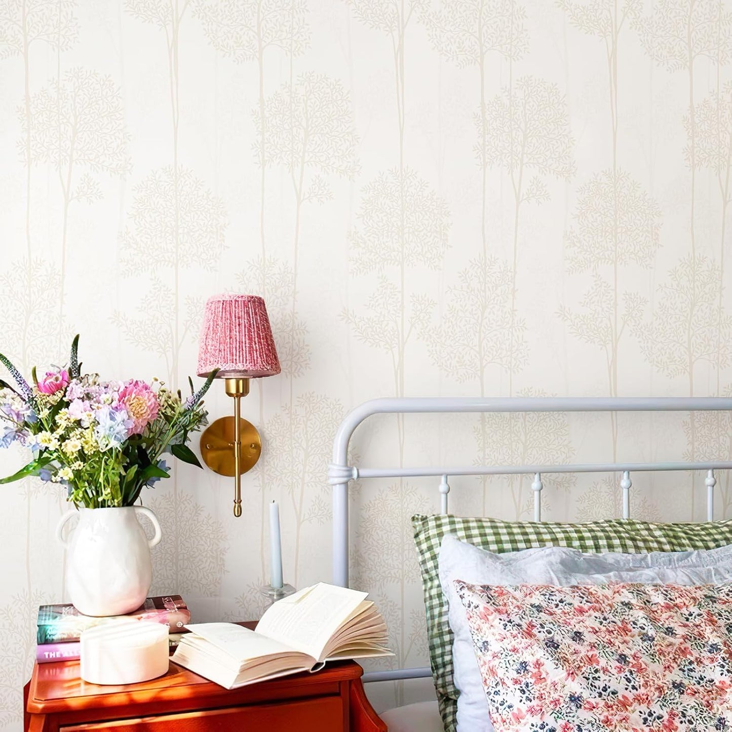 JiffDiff Warm White Self Adhesive Wallpaper with Waterproof, Farmhouse Removable Peel and Stick Wallpaper for Bathroom and Cabinets Decor, Botanical Renter Friendly Contact Paper 17.3" X 120"
