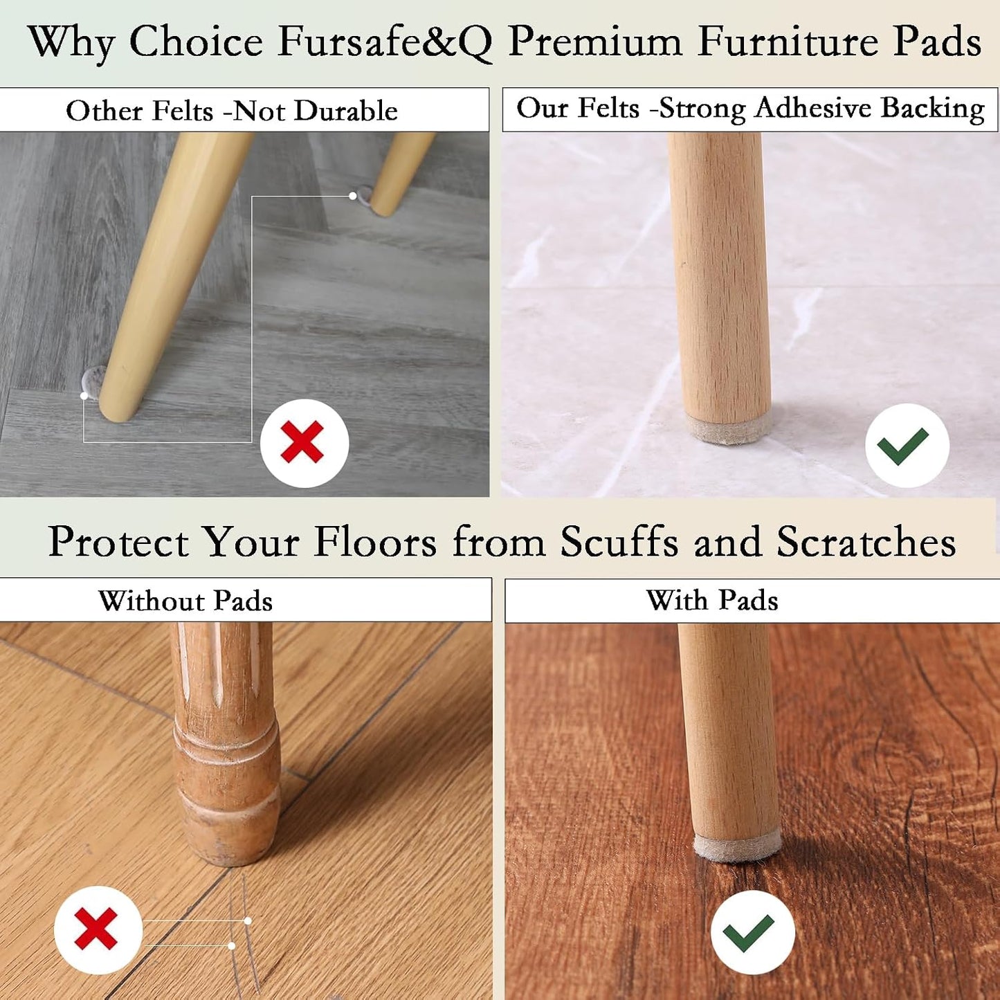 Fursafe&Q Felt Furniture Pads for Hardwood Floors - Self Adhesive Chair Felt Pad, Furniture Feet Floor Protectors, Furniture Sliders Protect from Nicks and dents, Anti Scratch 136 Pcs Beige Square