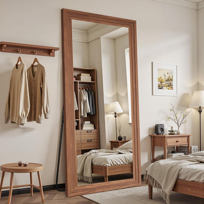 Antok Full Length Mirror with Solid Wood Frame, 71"×32" Wall Mounted Oversized Floor Mirror with Stand, Leaning Standing Hanging for Bedroom Living Room Entryway, Walnut, Arched Syle