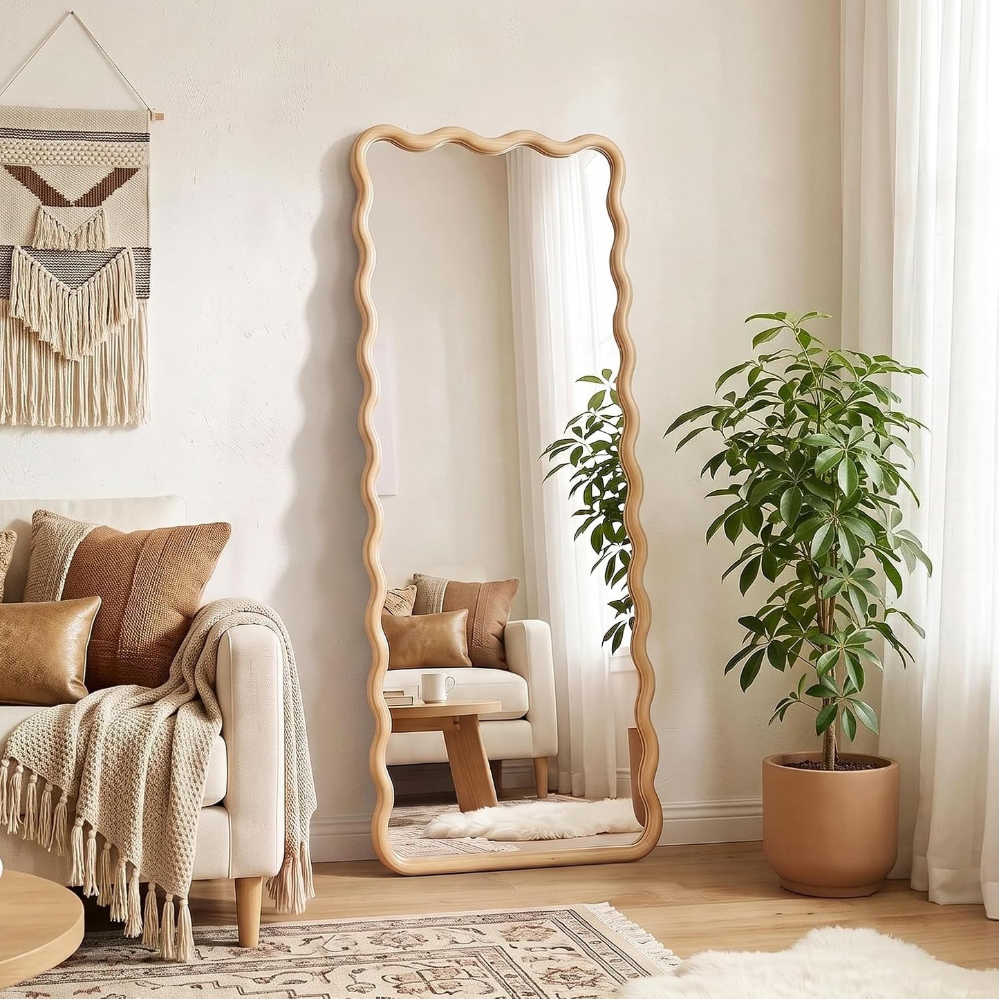 Full Length Mirror, 55"x28" Boho Wavy Wood Floor Mirror, for Bathroom, Bedroom, Living Room, Cloakroom, Entryway