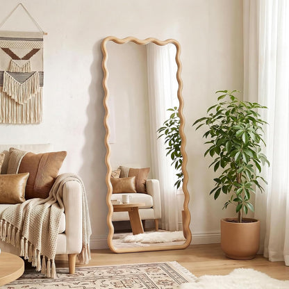Full Length Mirror, 55"x28" Boho Wavy Wood Floor Mirror, for Bathroom, Bedroom, Living Room, Cloakroom, Entryway