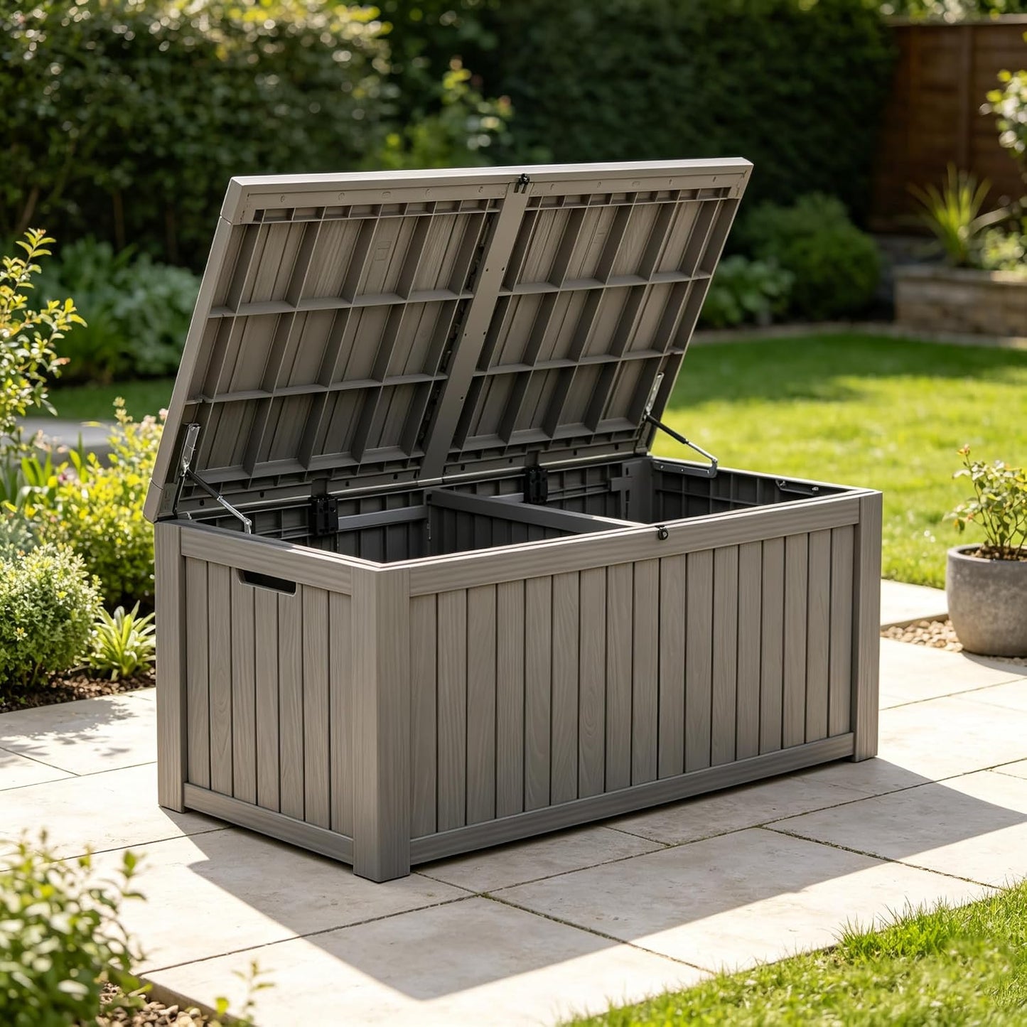 Fancyango 75 Gallon Outdoor Deck Box Waterproof, Large Storage Box for Patio, Resin Storage Bench Lockable for Garden Tools, Package Delivery, Black