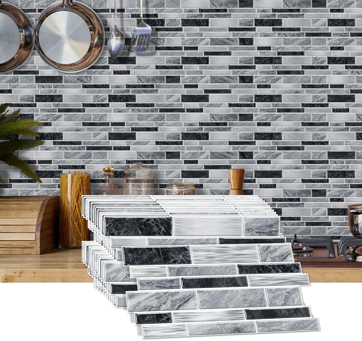 36 Sheets of Self Adhesive Marble Tile Wall Tiles Vinyl Sticker | 9.68 x 4.72in Water Resistant, Easy to Stick and Peel off, Suitable for DIY Decoration on Ceilings and Walls (Black)