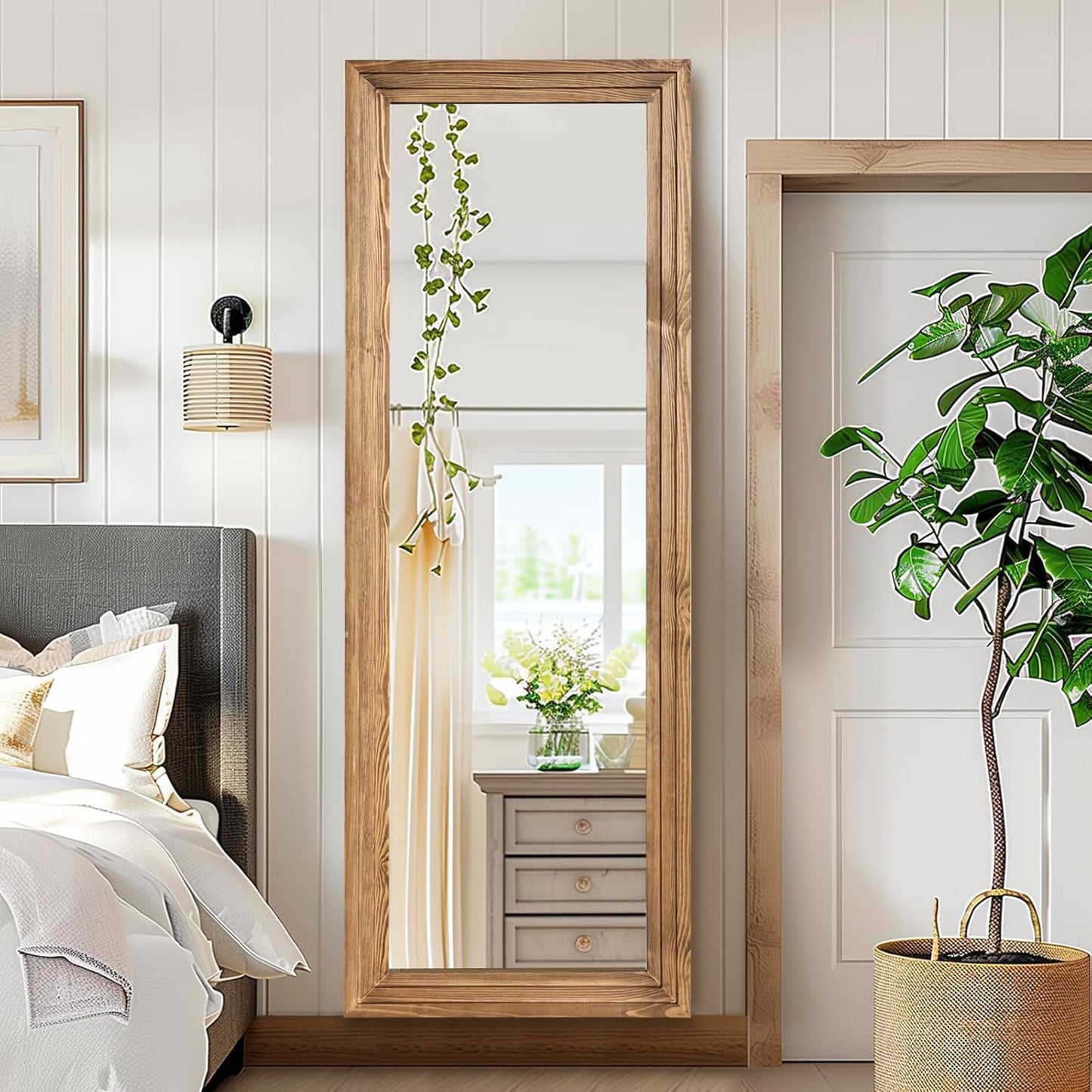 65"x22" Full Length Mirror Solid Wood Frame Floor Mirror with Stand for Living Room, Bedroom Hanging Standing or Leaning, Brown