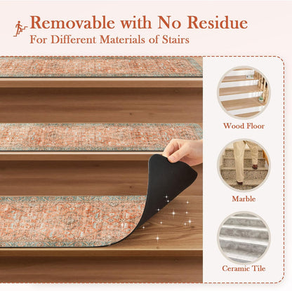Tiveney Stair Treads Non Slip 15PCS 8"x30" Stair Runner, Rubber Backing Carpet Stair Treads for Wooden Steps, Washable Safety Carpet for Stairs Khaki Indoor Staircase Step Treads for Kids Elder Dogs