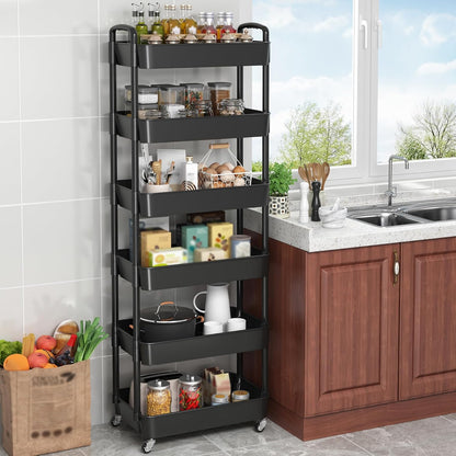 Sywhitta 4-Tier Plastic Rolling Utility Cart with Handle, Multi-Functional Storage Trolley for Office, Living Room, Kitchen, Movable Storage Organizer with Wheels, Black