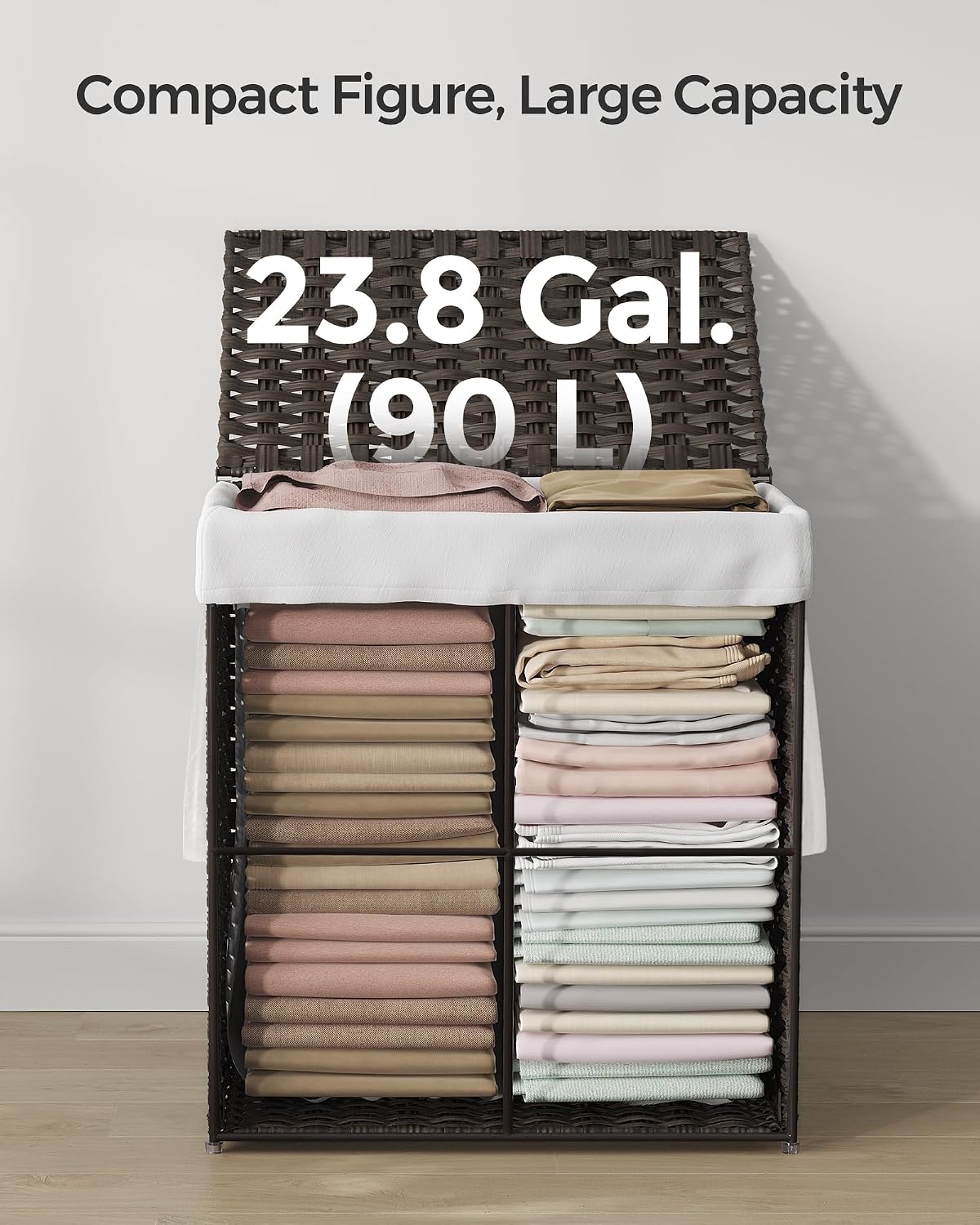 SONGMICS Laundry Hamper with Lid, 23.8 Gallon (90 L) Synthetic Rattan Clothes Laundry Basket with Lid and Handles, Foldable, Removable Liner, Chestnut Brown ULCB051K02