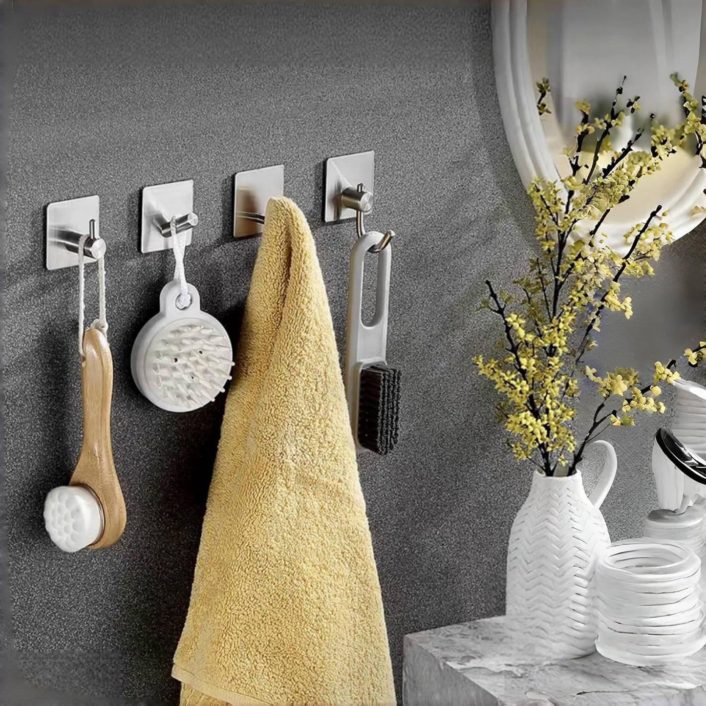 4 Pack Adhesive Hooks for Hanging - 304 Stainless Steel Heavy Duty Wall Hooks, Waterproof & Rustproof Towel Hooks for Bathroom, Self Adhesive Coat Hooks for Kitchen, Closet, Home Organization, Black