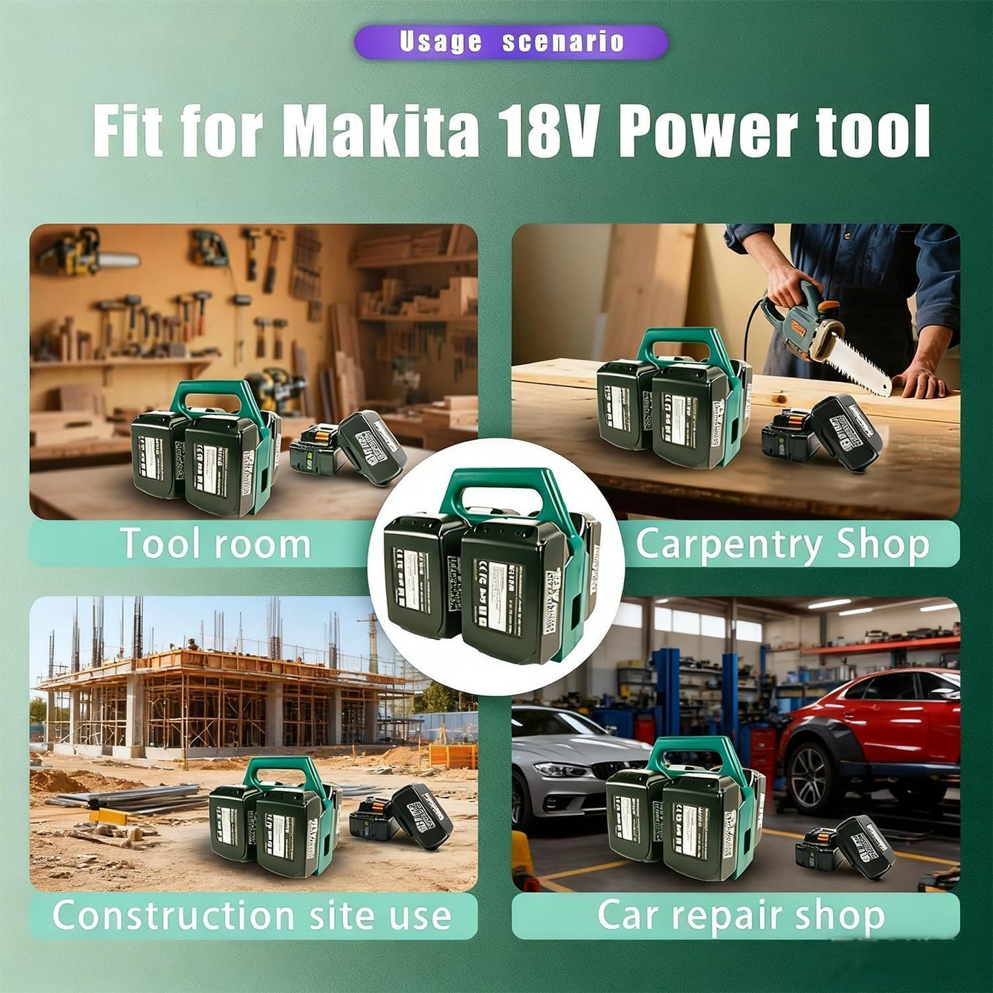 6-Slot Battery Carrying Holder for Makita 18V & 14.4V, Batteries Tool Case Storage Organizer Rack for Makita, Portable and Rugged Battery Caddy with Handle for Jobsite and Mount Bag Use