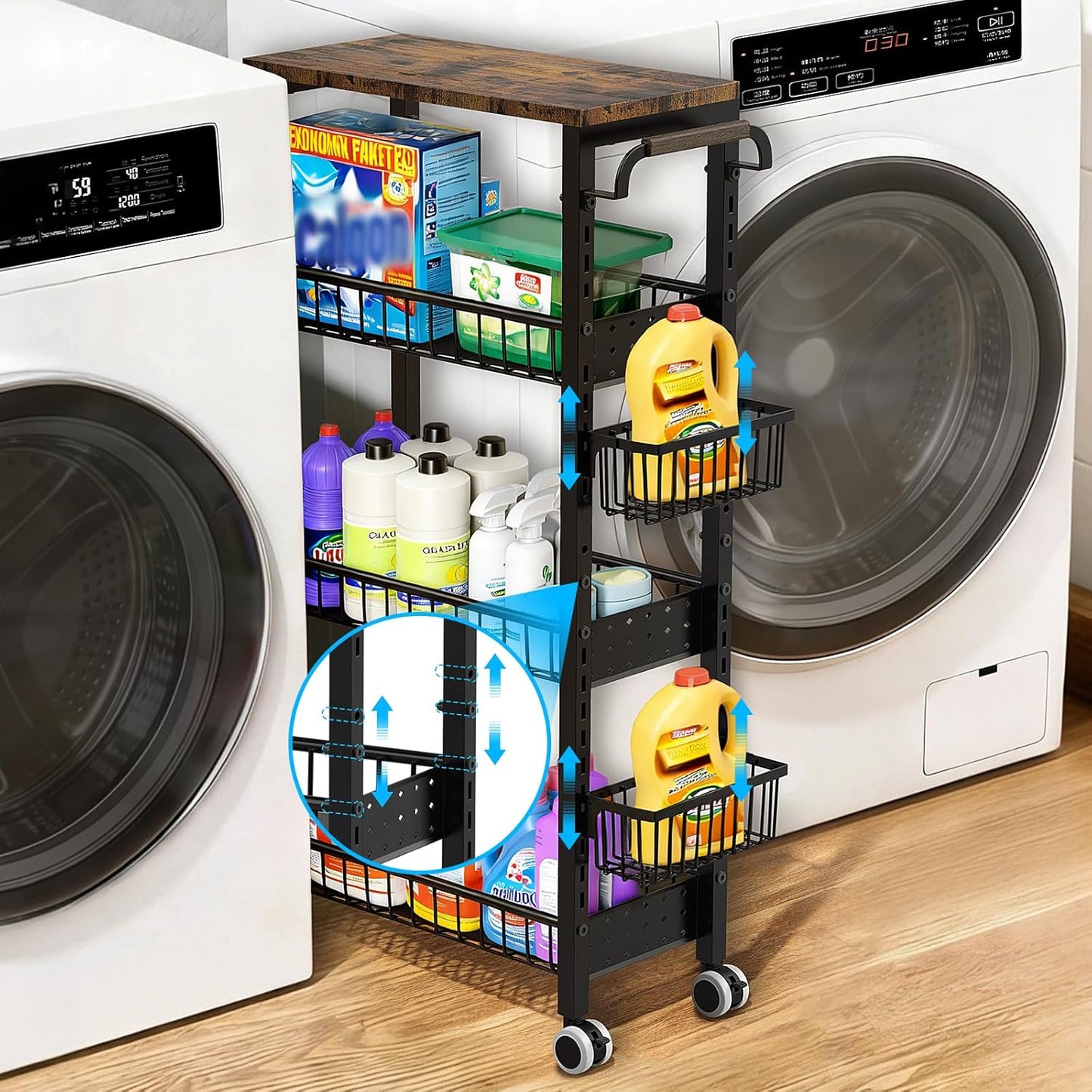 7.8 Inch Ultra-Slim 4-Tier Rolling Storage Cart with Adjustable Shelves - Lockable Wheels & Wooden Top for Narrow Spaces Between Washer/Dryer, Bathroom, Kitchen Organization (White)