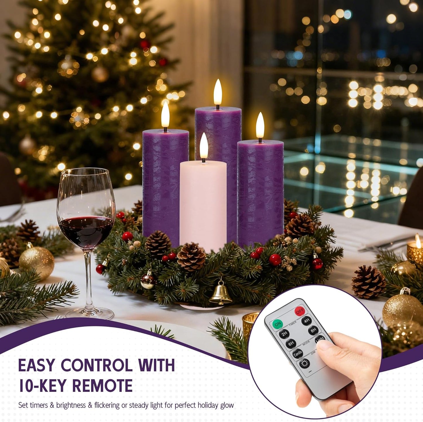 Flickering Flameless Candles, Real Wax Battery Operated Candles with Remote, Flat Top Led Flameless Pillar Candles for Home, Wedding, Party Decor, Set of 4, Φ 3" H 4" 5" 6" 8", Ivory