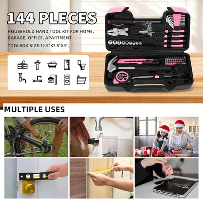 144-Piece General Household Hand Tool Kit with Plastic Toolbox Pink | Basic General Hand Tool Kit, Household Tool Set, for Home Repair, Office & College Dormitory Use, Daily Use for Women