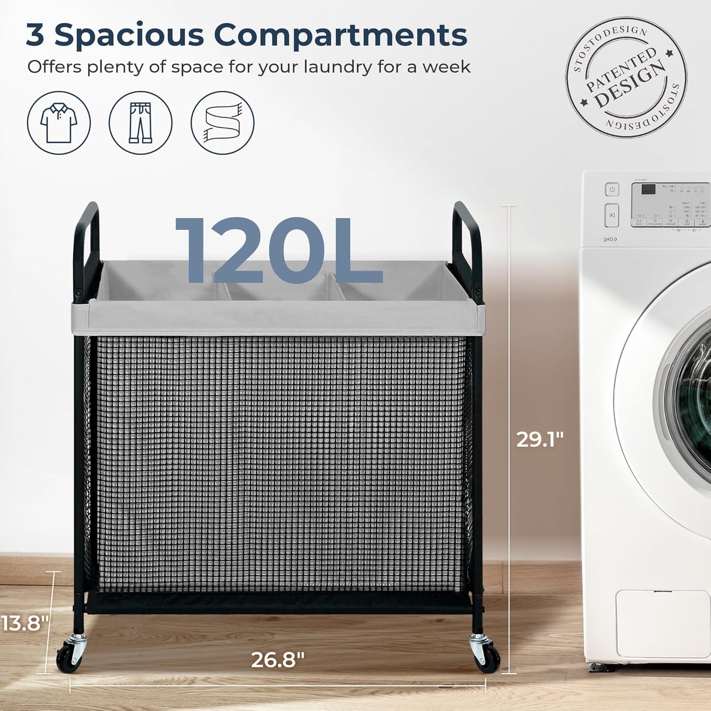 STO STO Laundry Hamper 3 Section, 120L Rolling Laundry Sorter Cart with Removable and Washable Liner Bag, Clothes Hamper with Wheels and Metal Handle for Laundry Room and Bedroom