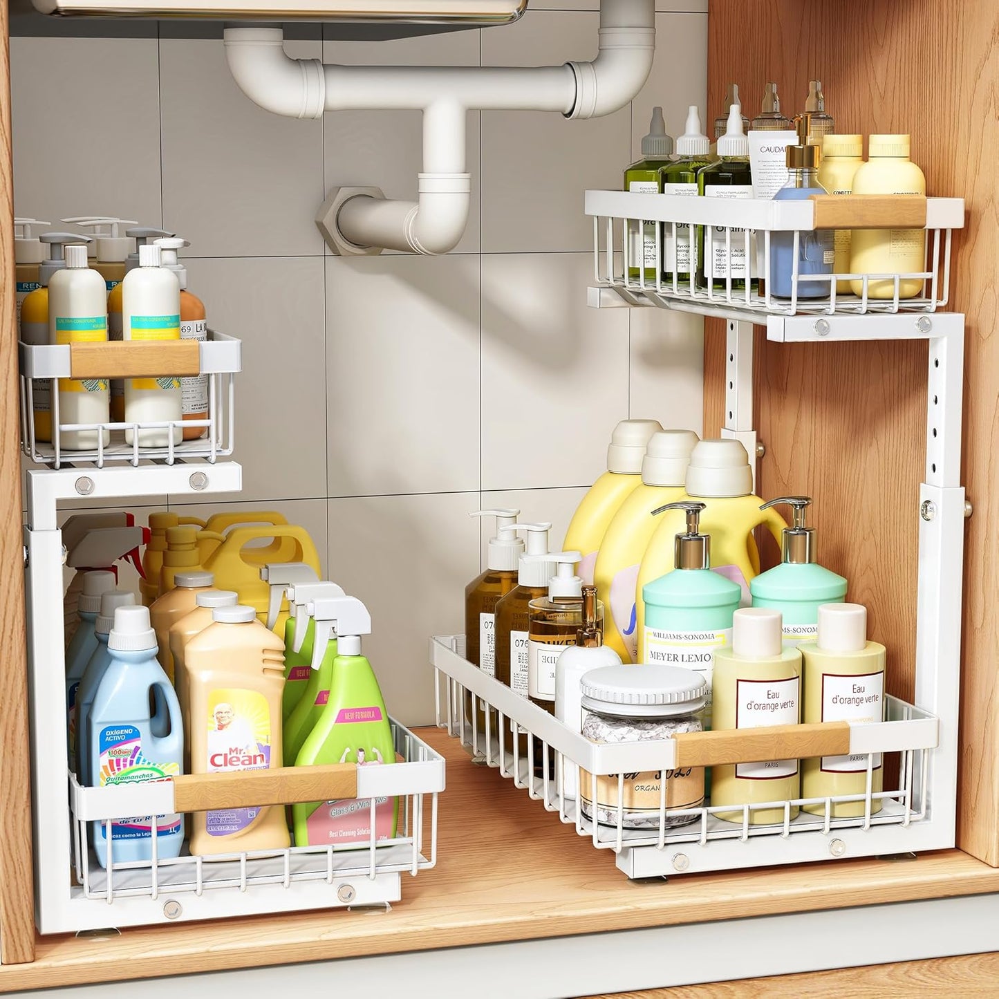 PXRACK Under Sink Organizer, Adjustable Height, 2 Tier Pull Out Under Cabinet Organizer, Slide Out Thickened Metal Under Sink Storage for Kitchen Bathroom Laundry Pantry Cabinet, White, Large-1-Pack