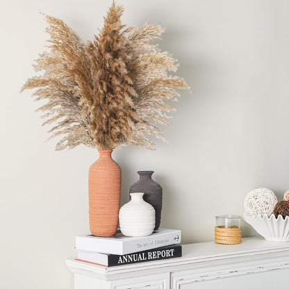 Dobbyby Ceramic Vase Set of 3 Neutral Decorative Vase for Farmhouse, Boho, or Rustic Home Decor Pottery Vases for Pampas Grass Living Room Bedroom Table Mantel Entryway Shelf (01-Brown)
