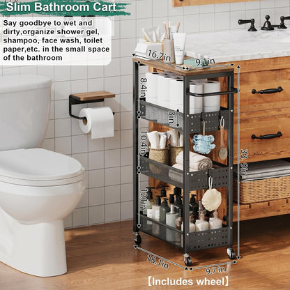 Utility Slim Storage Cart, 4-Tier Narrow Bathroom Organizers and Storage Cart, Narrow Metal Kitchen Laundry Room Organization Shelf with Wood Top, Slim Rolling Carts with Wheels for Small Space