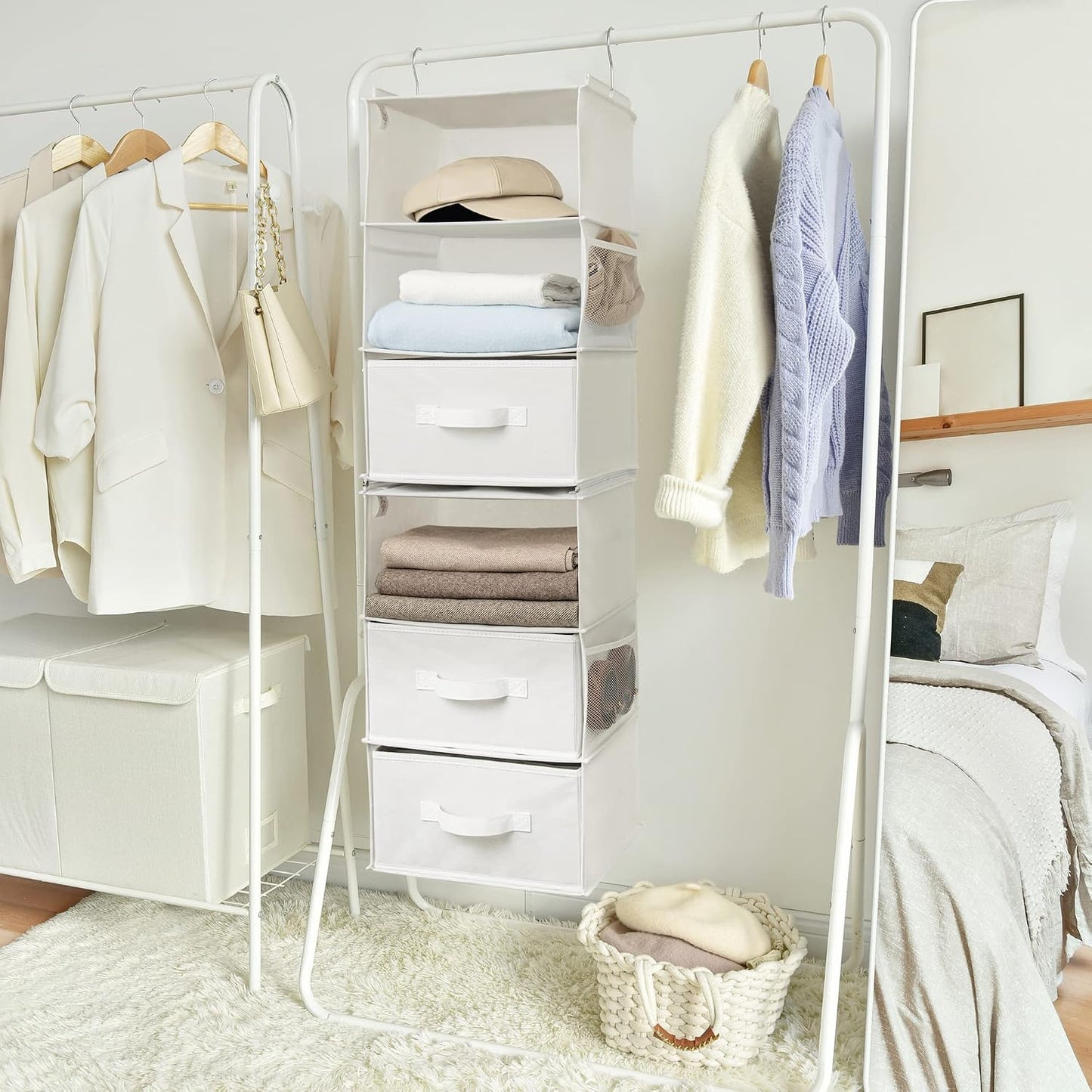 GRANNY SAYS Hanging Closet Organizer 6 Shelves, Closet Organizers and Storage with 5 Drawers, 6 Side Pockets Closet Hanging Organizer, Hanging Storage Organizer for Closet, Baby Clothes, Gray