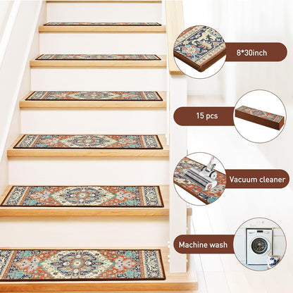 Stair Treads for Wooden Steps Indoor, 15 Pack 8" X 30" Non Slip Carpet Stair Treads with Reusable Adhesive for Kids Elders and Dogs, TPR Backing Stair Rugs Oriental Staircase Step Treads,Bohemia