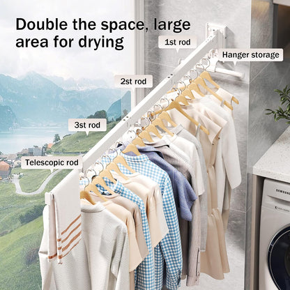 LIENAHU Wall Mounted Clothes Drying Rack, Collapsible, Folding, Retractable - Clothes Hanging Rack (Hooks, White)
